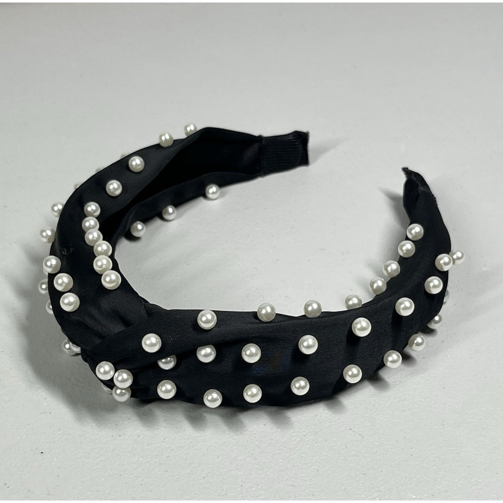 Satin Knot Headband in Black with Faux Ivory Pearls Classic Preppy Formal